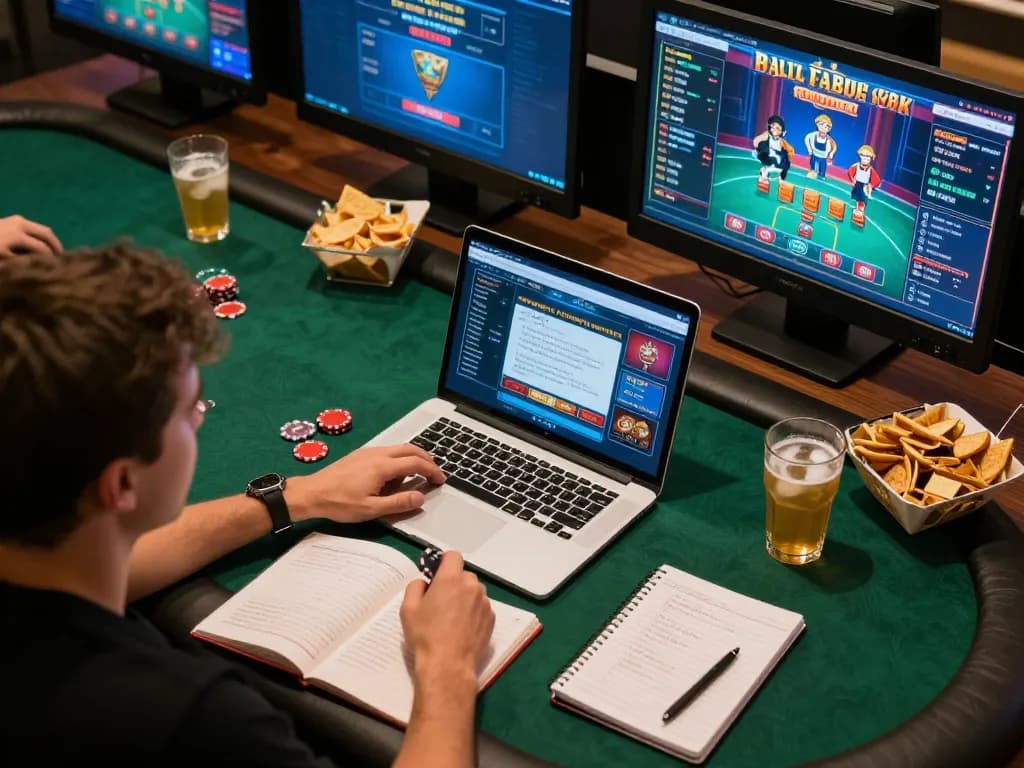 King88 players engaging in responsible gaming strategy at home with multiple screens displaying poker and casino games.