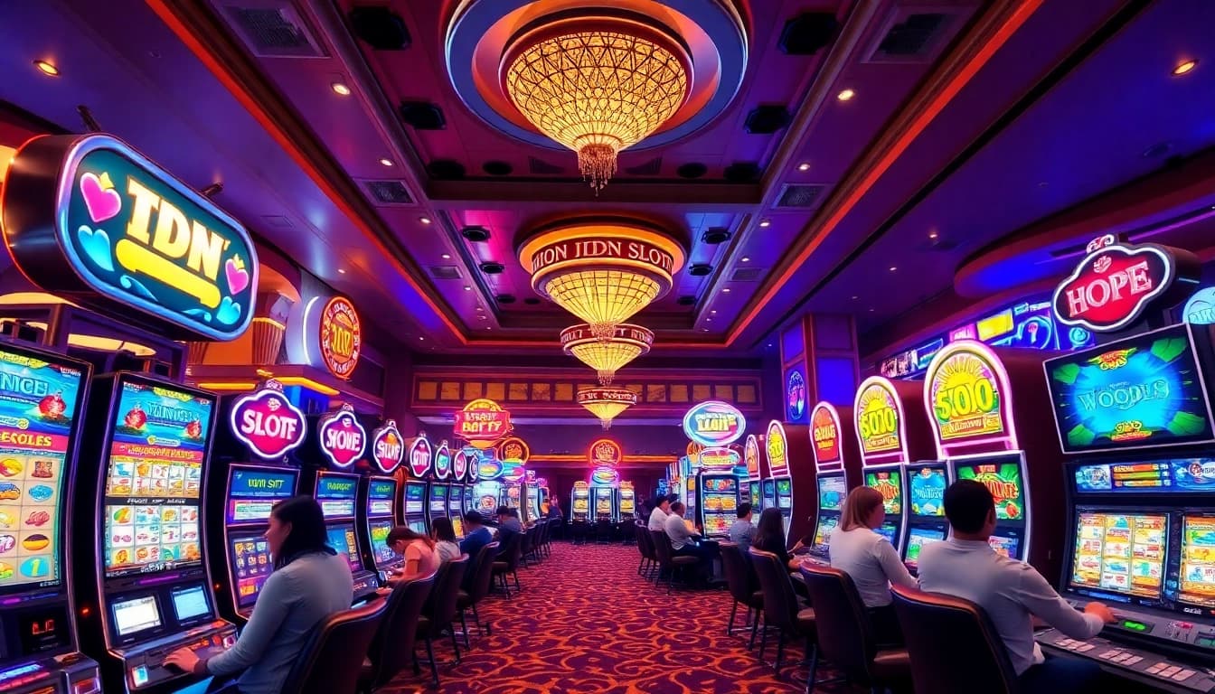 Players enjoying idnslot games at a vibrant casino, showcasing excitement and luxury.