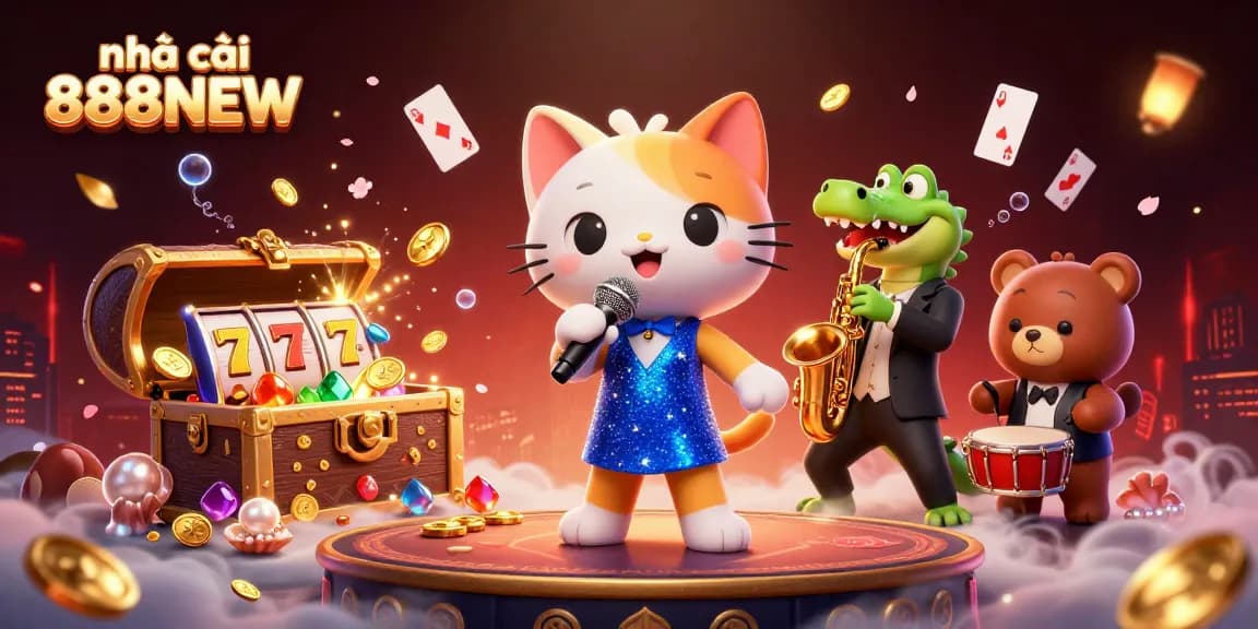 nhà cái 888NEW showcases a vibrant casino scene with dynamic cartoon characters and lively slot elements.