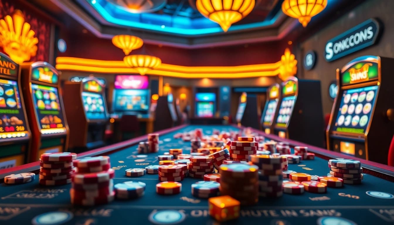 Experience the thrill of winning at onicplay with vibrant slot machines and poker chips.