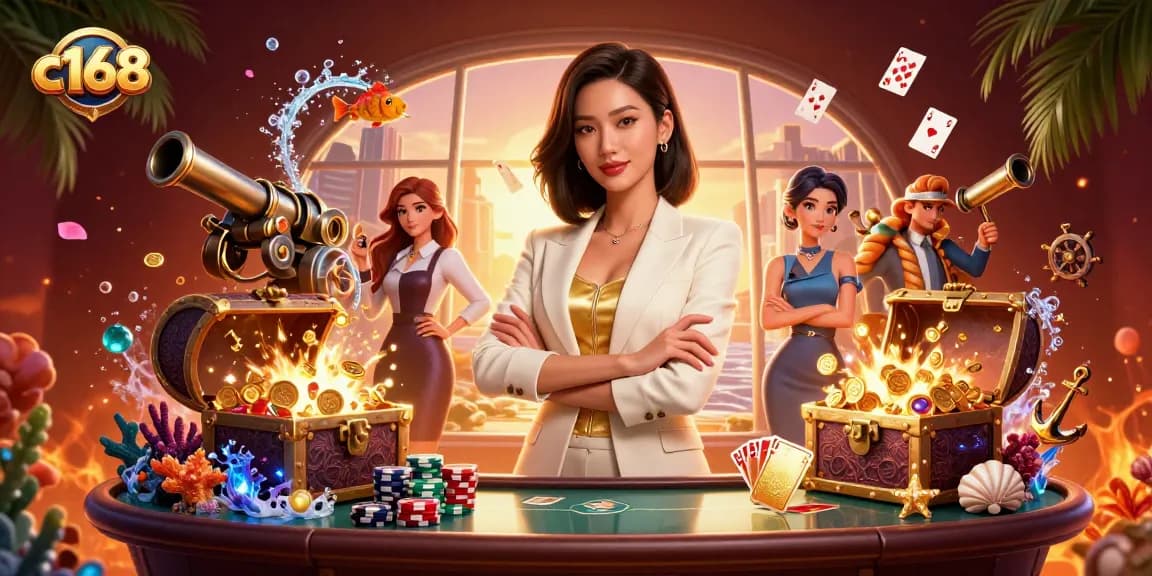 C168 showcases a glamorous Asian woman confidently holding poker cards amidst an explosion of treasure, capturing the essence of online gaming excitement.