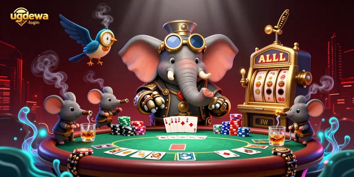 Engage with the dynamic world of gambling showcasing the "ugdewa login" in a vibrant casino scene with steampunk elements.