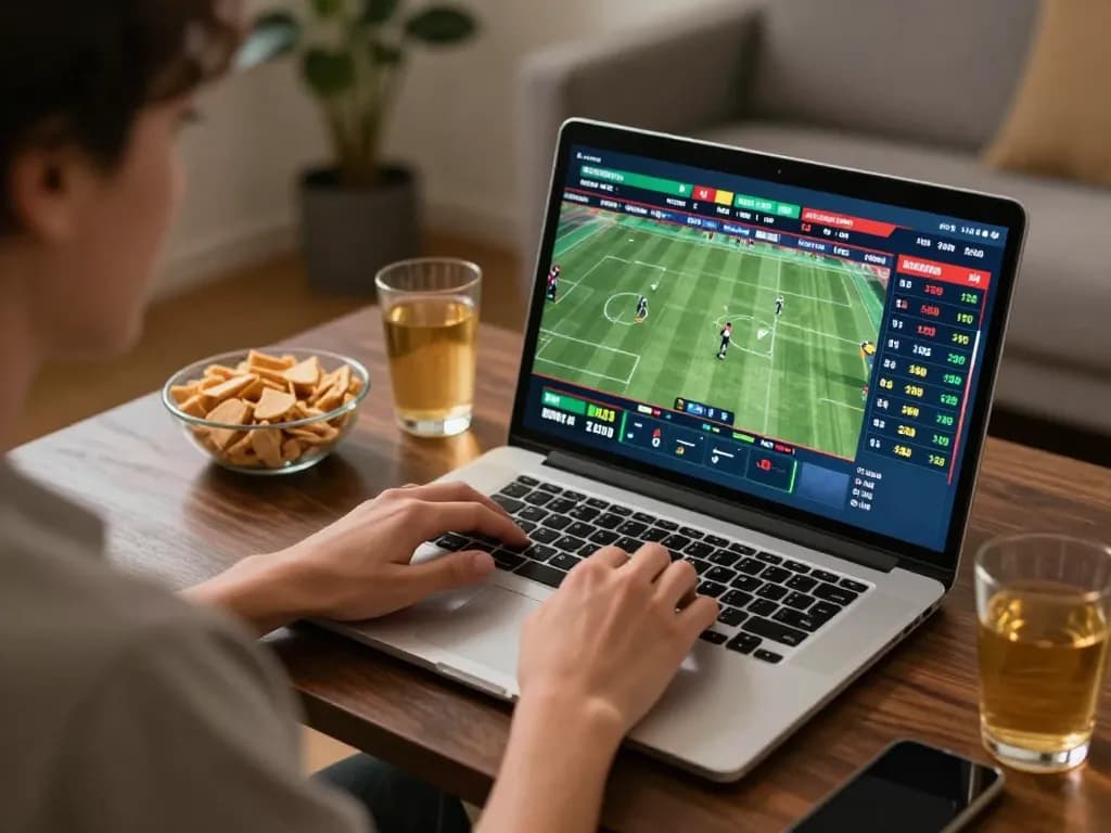 Engaging in live sports betting on 78win with laptop displaying real-time odds and events.