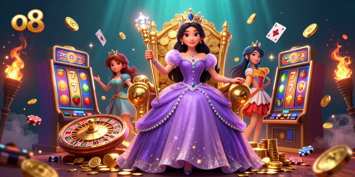 Experience the thrill at O8 with vibrant slot machines and a royal character amidst sparkling casino elements.