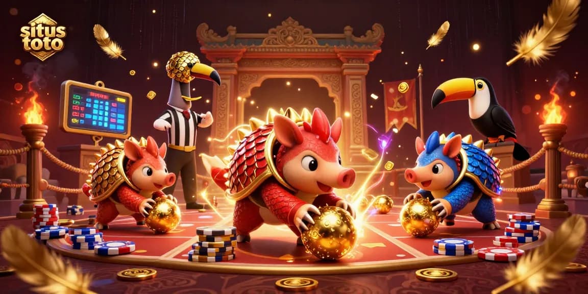 Situs toto menghadirkan pangolins rival beraksi di arena, dikelilingi koin emas dan elemen kasino.