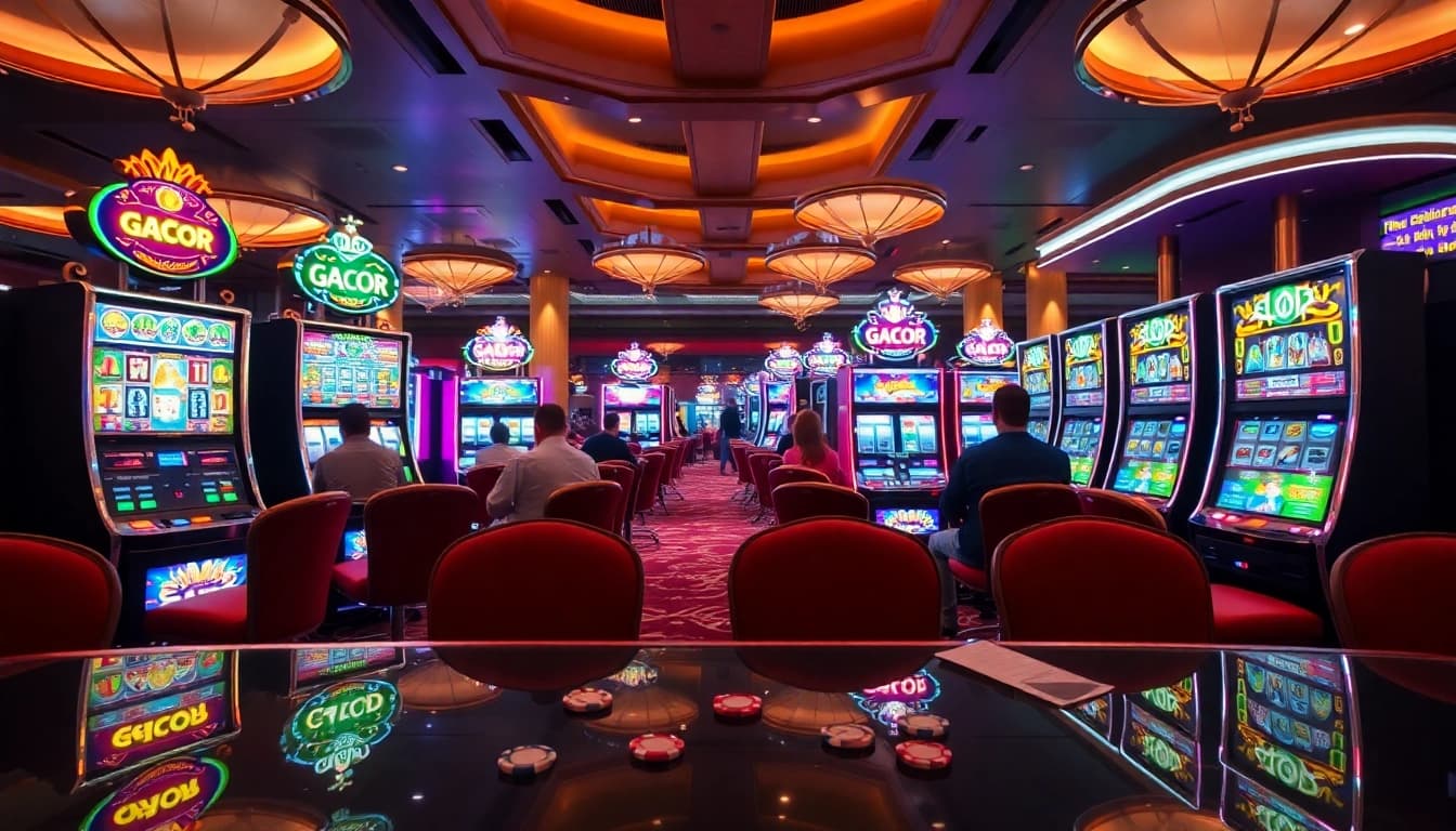Excited players enjoying slot gacor machines at a vibrant casino.