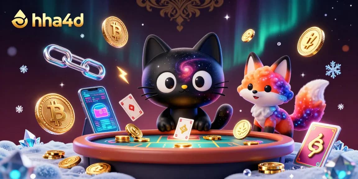 Experience dynamic gaming with ahha4d's cartoon characters at a cosmic casino, surrounded by vibrant crypto elements.