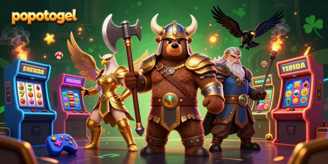 Engage in exciting gameplay with popotogel's colorful slots and animated characters in a vibrant casino scene.