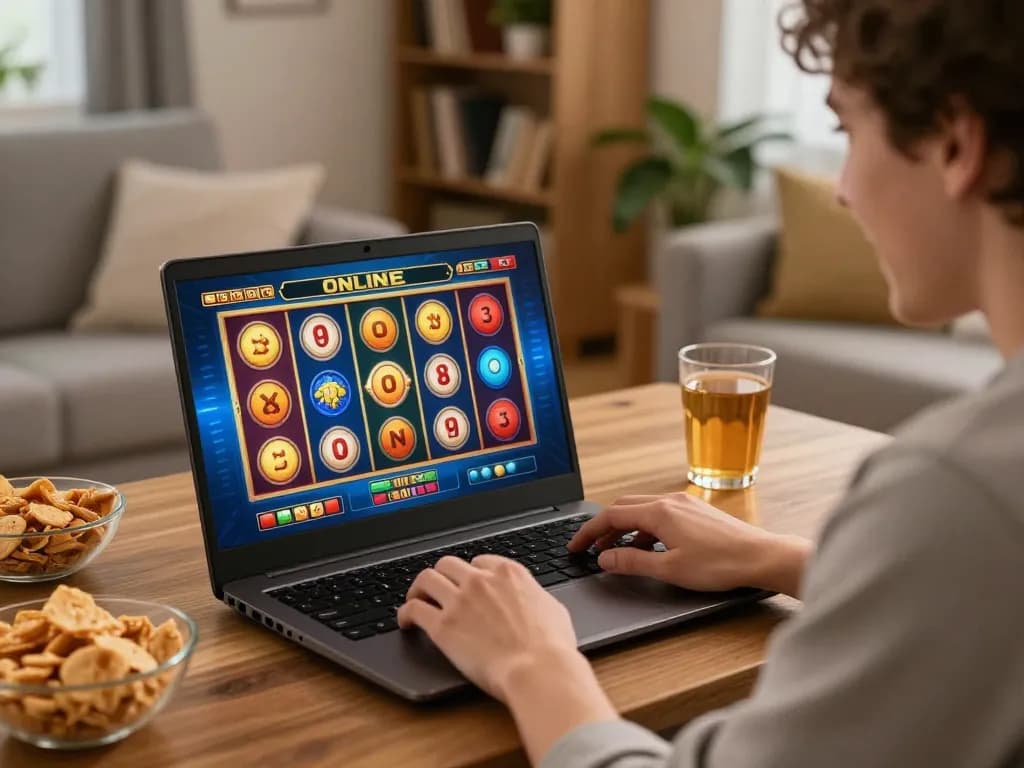 Engaged player enjoying LGODEWA online slots on laptop in a cozy setting.