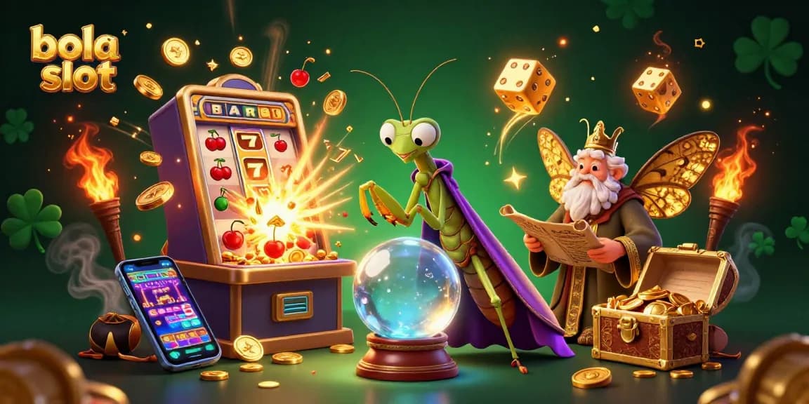 Experience the excitement of bola slot games with a magical scene featuring fortune tellers and slot machines.