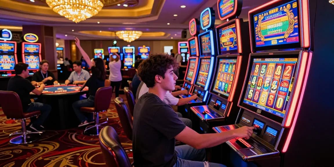 Slot gacor excitement at a casino gaming scene with vibrant lights and players enjoying their experience.