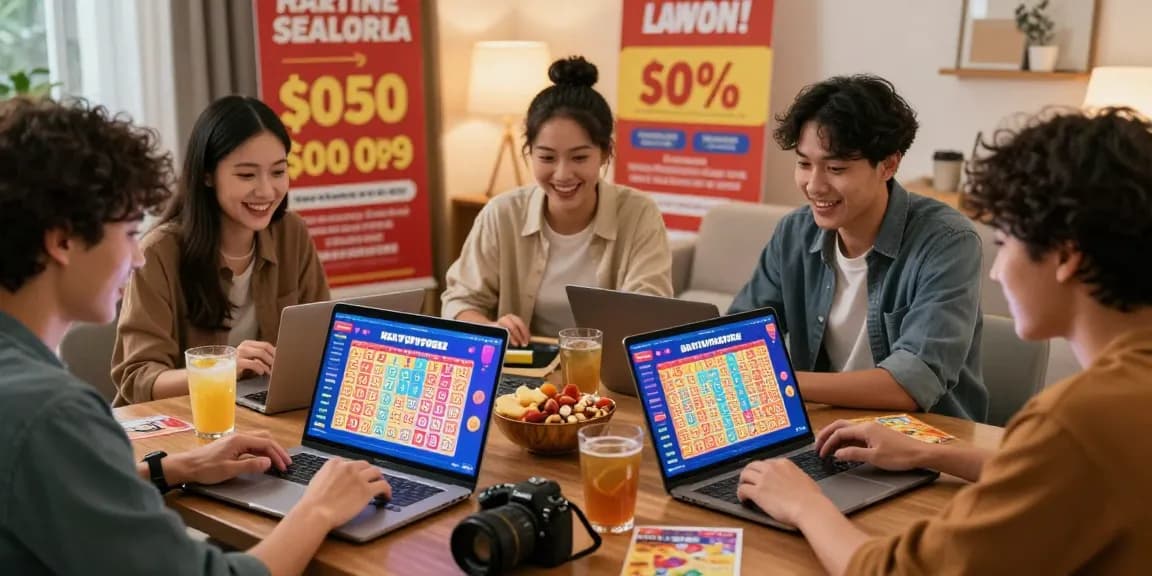 Ratutogel, platform togel online dengan pemain antusias bermain di rumah bersama laptop dan tablet.