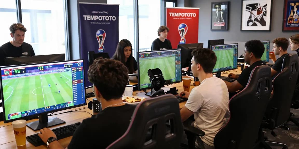 Engaged friends analyzing stats for tempototo daftar during World Cup 2026 sports betting event.
