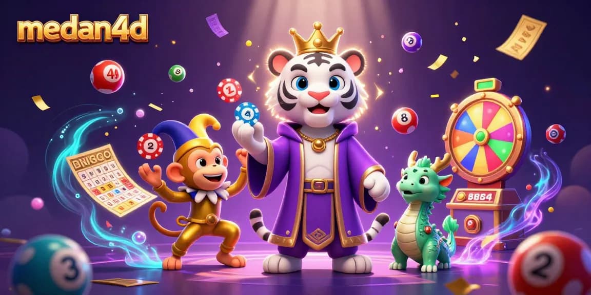 Gambar ilustrasi 3D cerah dengan tema medan4d yang menggambarkan harimau putih dan monyet beraksi.