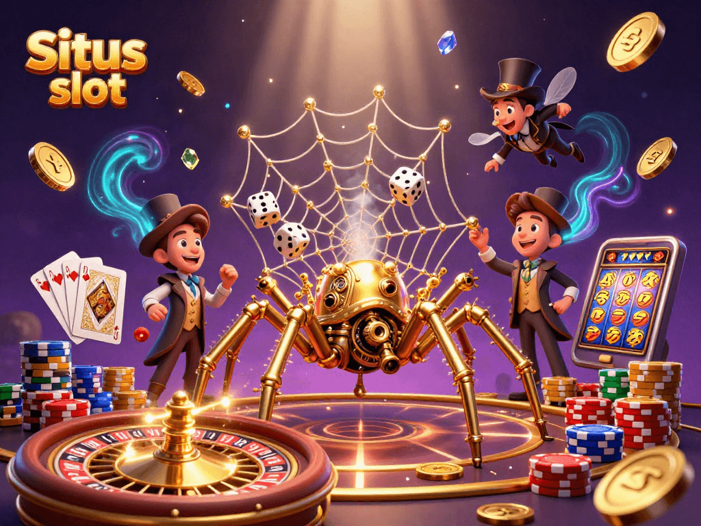Situs slot menampilkan jaring laba-laba kuningan yang rumit ditemani koin emas meluncur, permainan kartu, dan efek cahaya berwarna.