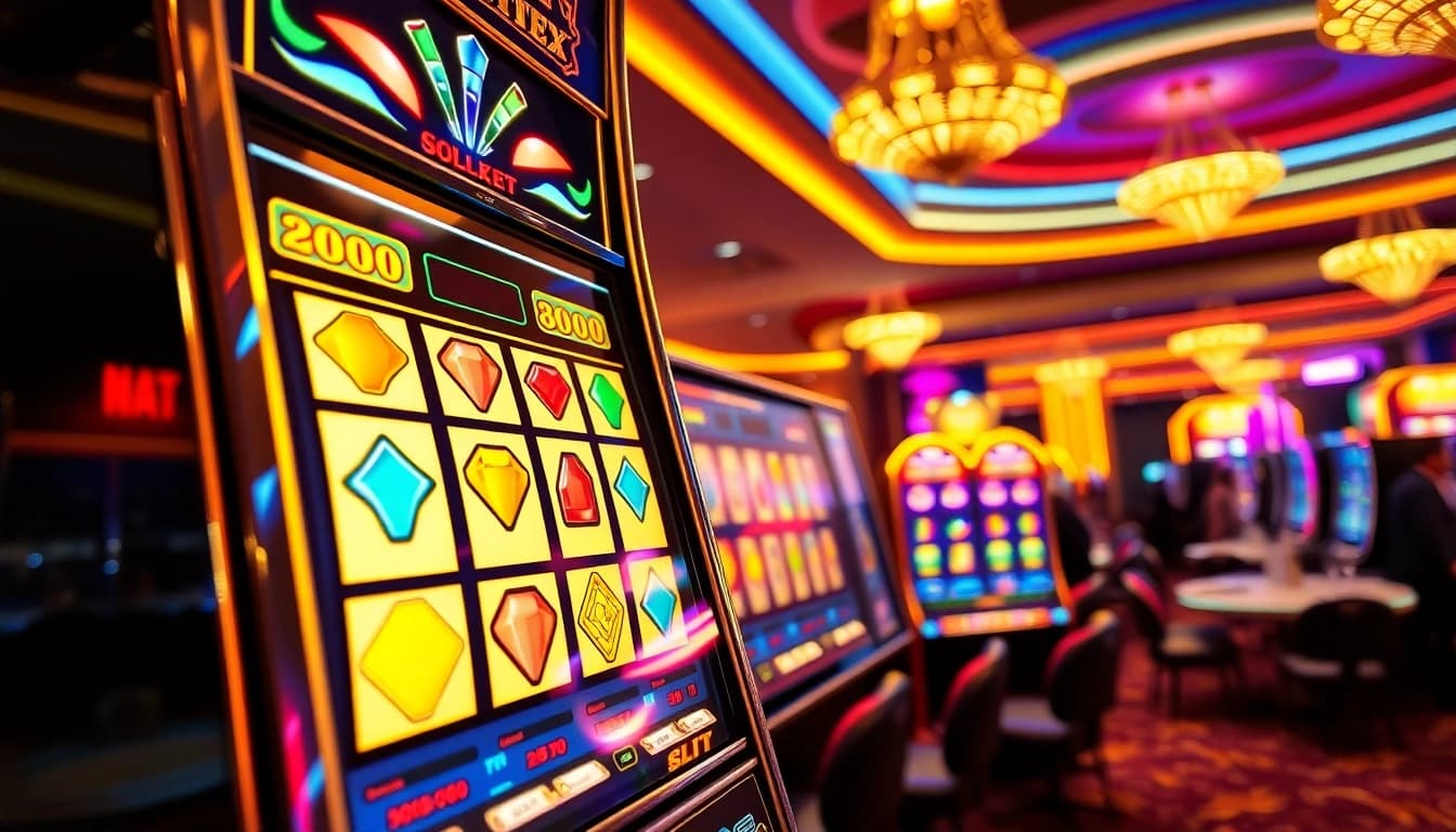 Daftar emasputihtoto slot dengan mesin berkilau dan suasana kasino yang meriah.