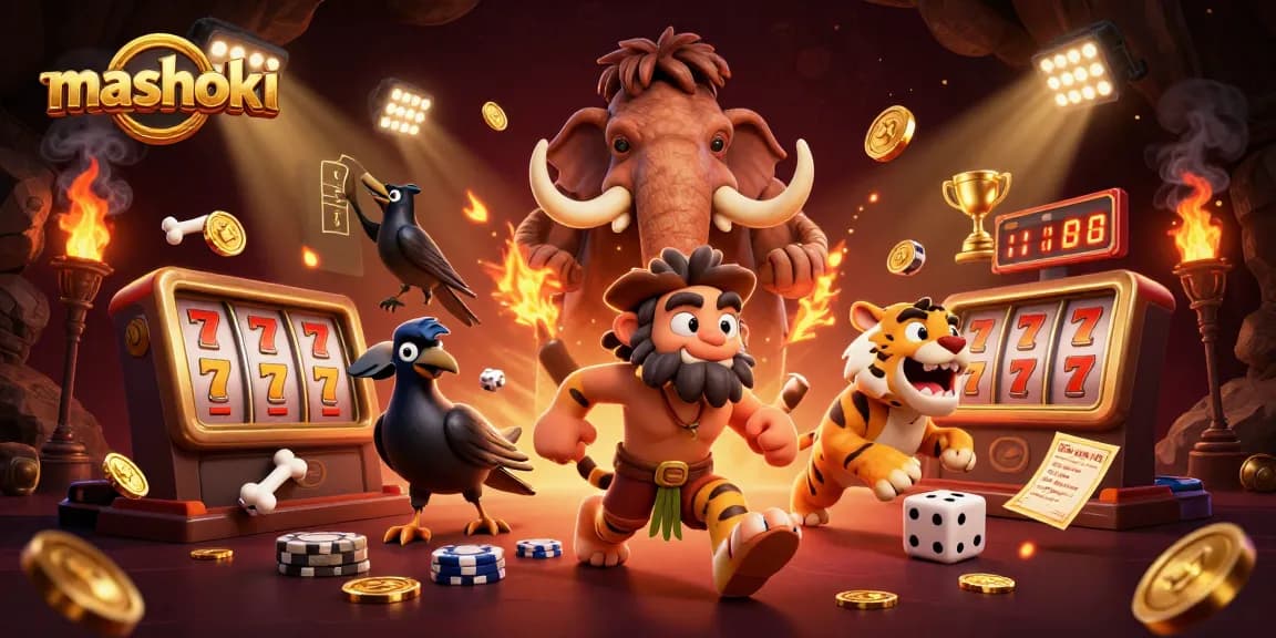 Experience mashoki thrills with a vibrant prehistoric casino scene showcasing exciting slots and dynamic elements.