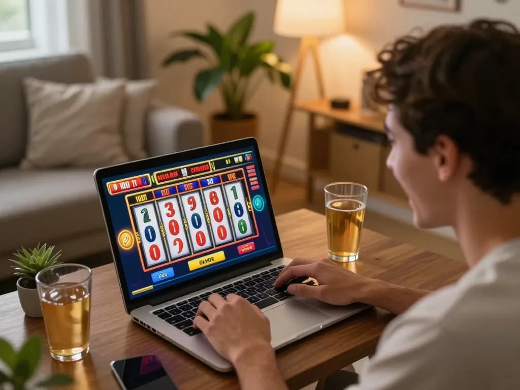 Player engaging with WW88 online slots, celebrating a payout in a cozy home setting.