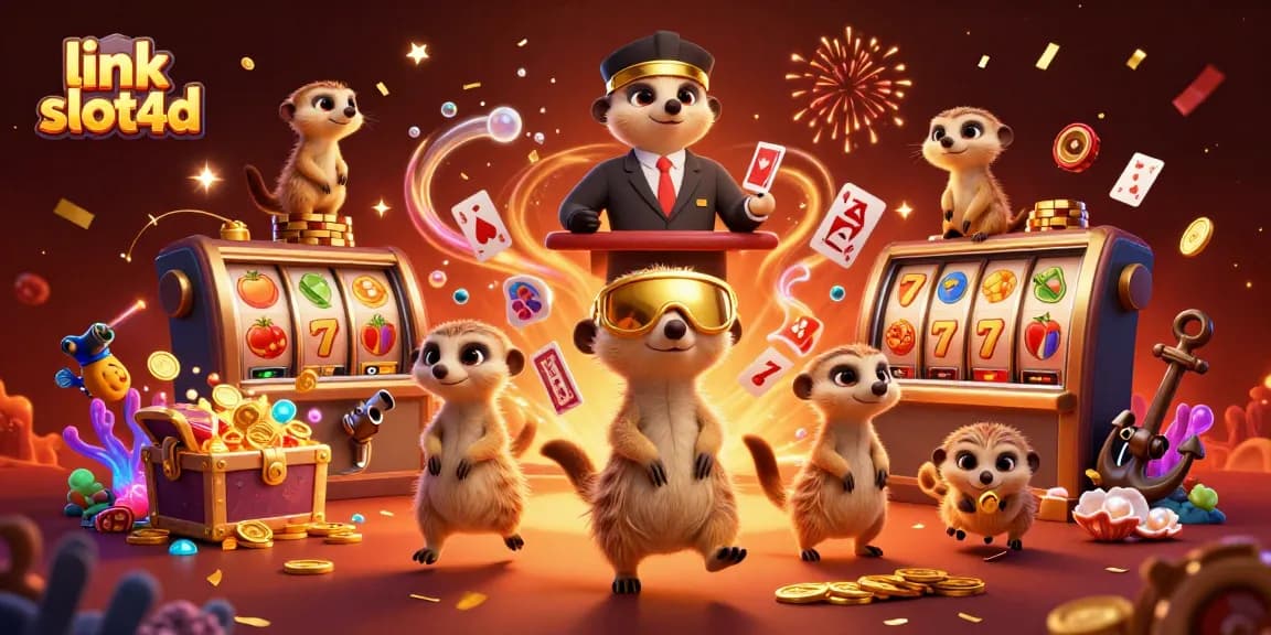 Bermain slot seru dengan link slot4d dan para meerkat di casino berwarna-warni.