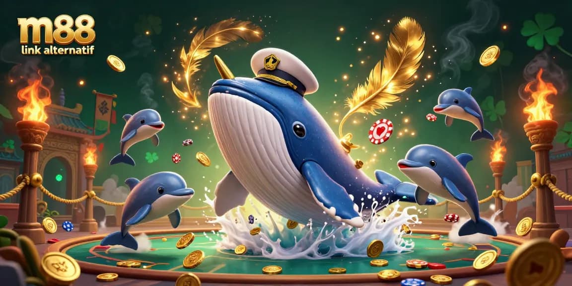 Engage in thrilling bets with the m88 link alternatif amid playful dolphins and a captivating whale, showcasing vibrant casino elements.