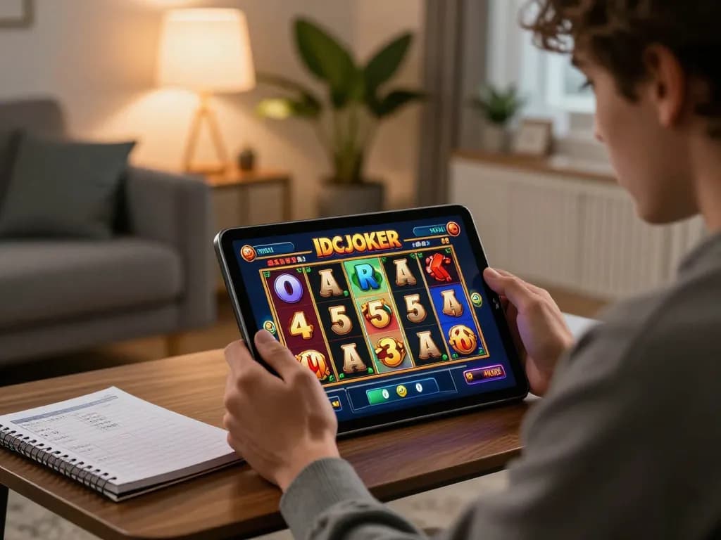 IDCJOKER player celebrating a win on a colorful online slot game while using a tablet.