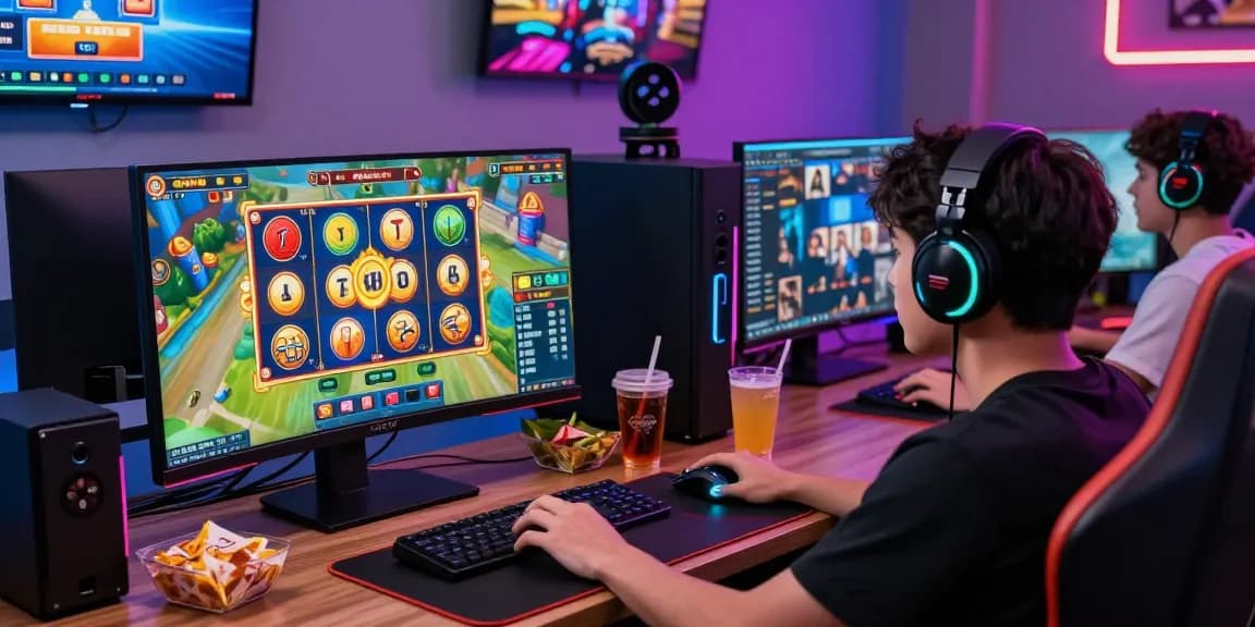 Action-packed scene of a player engaging with a toto slot game on a high-resolution monitor surrounded by gaming accessories.