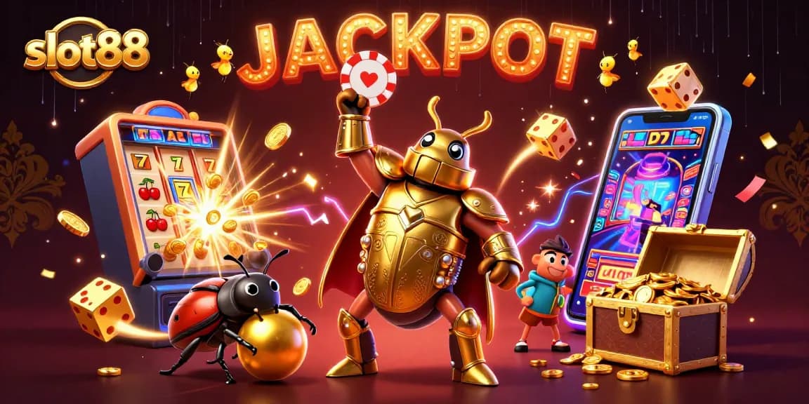 Memainkan slot88 dengan jackpot yang meledak, simbol BAR dan lucky 7, serta keceriaan jackpot dalam suasana kasino.