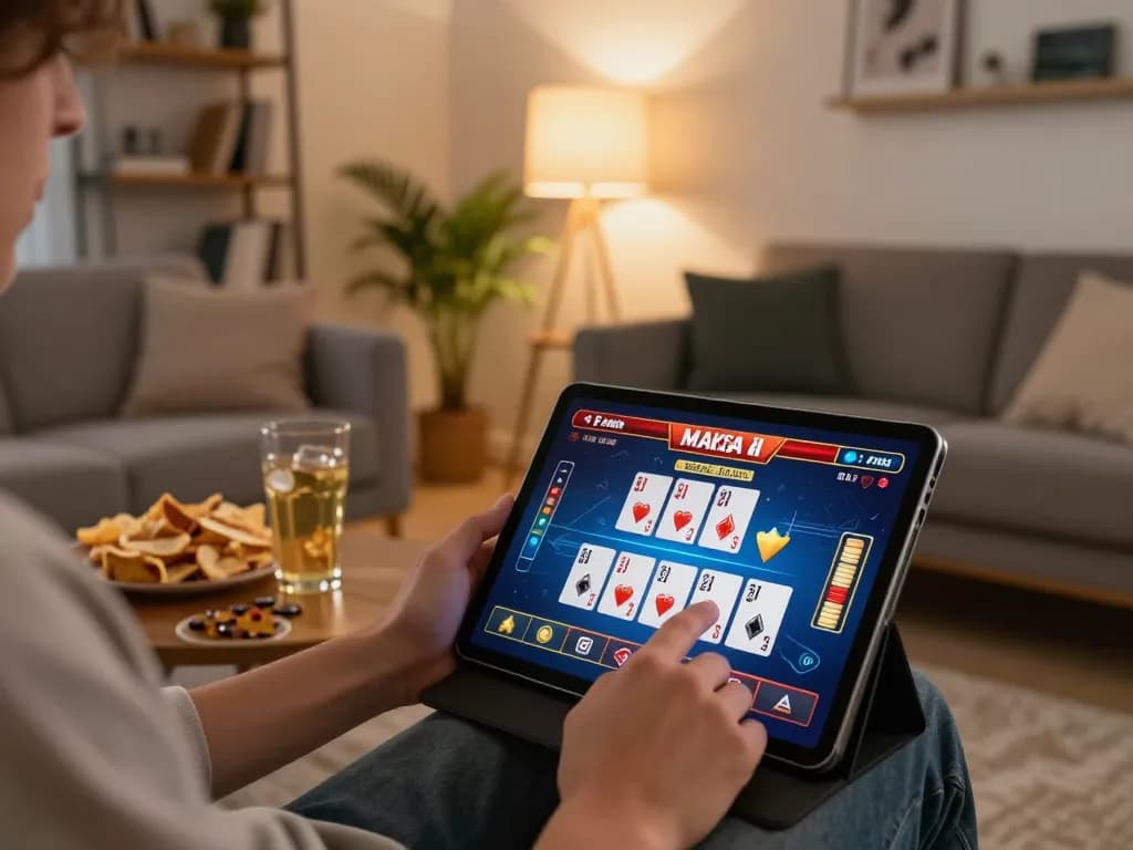 Engaging with SC88 online casino app on a tablet in a cozy home setting, showcasing responsible gaming.