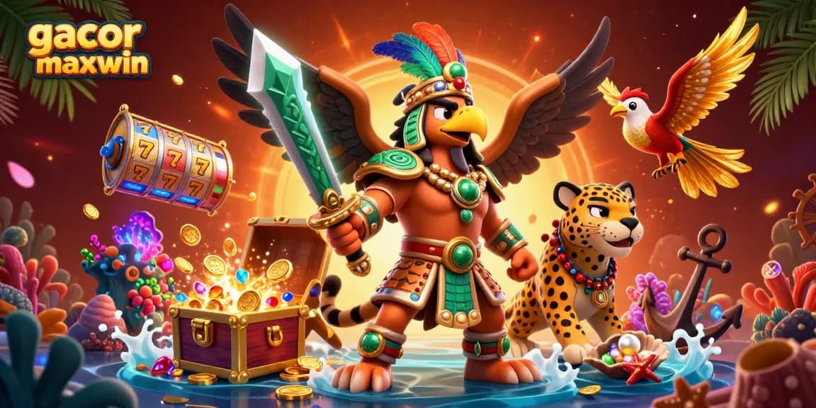 Experience gacor maxwin through exciting slot games illustrated with vibrant characters and treasure.