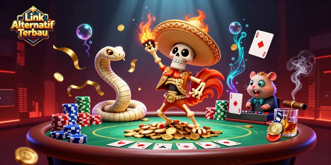 Engage with Link Alternatif Terbaru at a vibrant casino party scene, featuring playful characters and dynamic poker action.