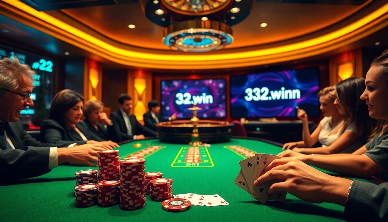 Players enjoy high-stakes action at 32win.com in a vibrant casino atmosphere.