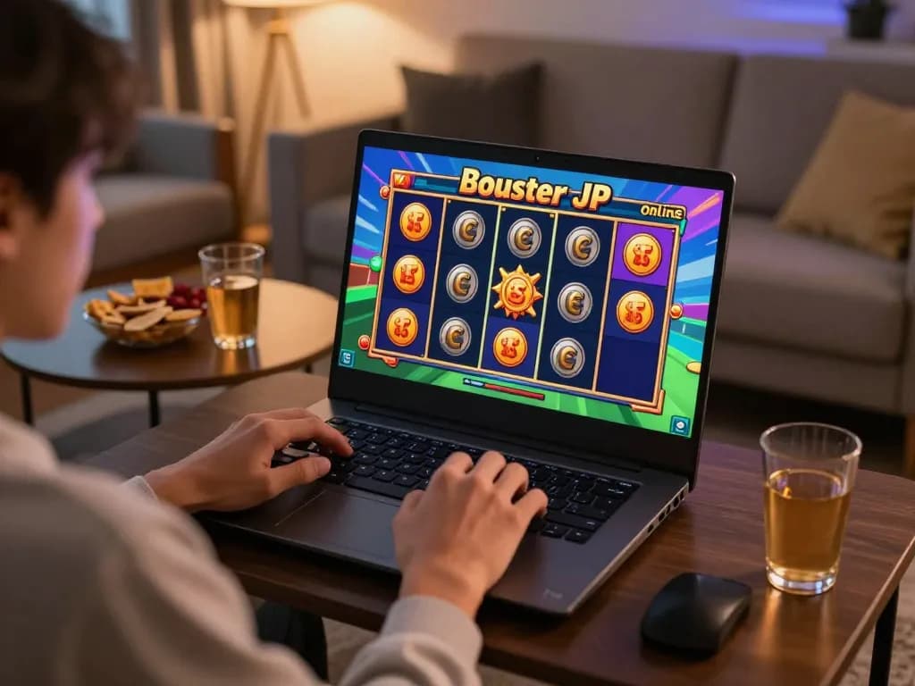 Playing the Booster JP online slot game on a laptop, showcasing an exciting gaming setup.