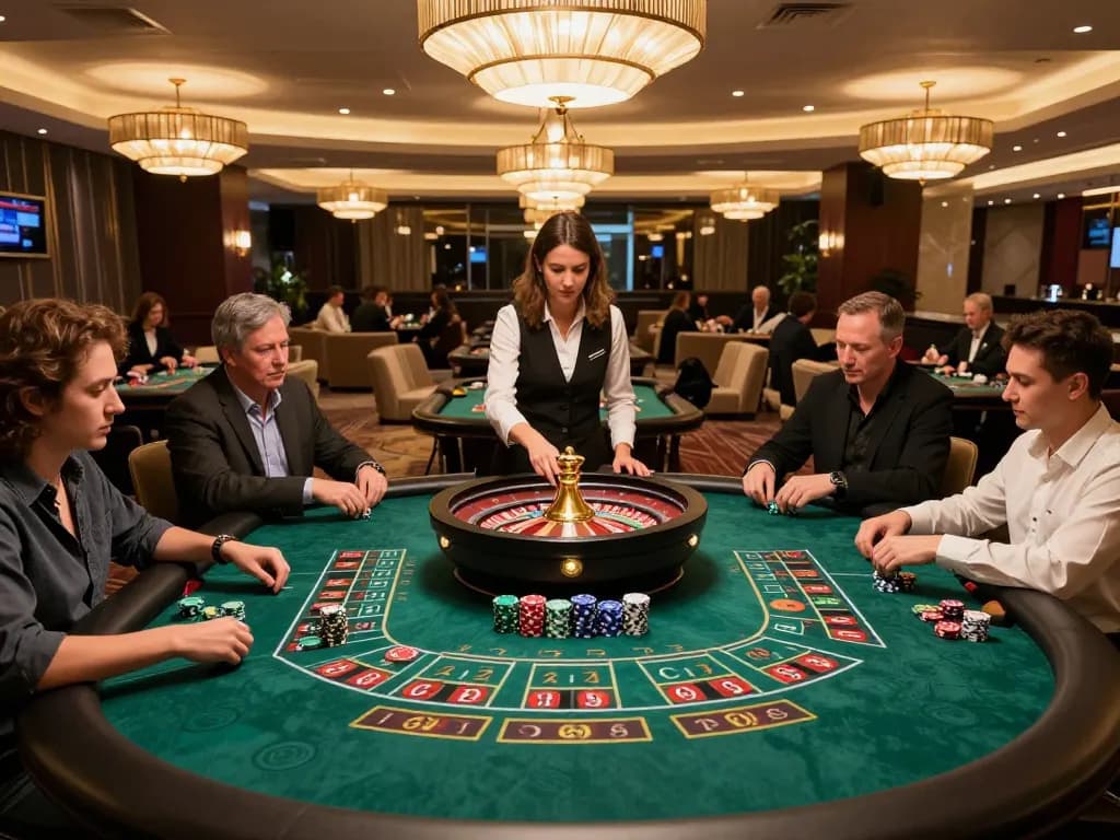 Players engaging with ZEUS222 at elegant roulette tables, creating excitement in a luxury casino setting