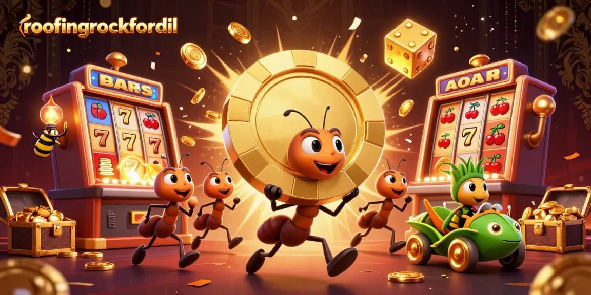 Engaging action scene showcasing roofingrockfordil with ants heisting a massive poker chip amidst casino symbols.