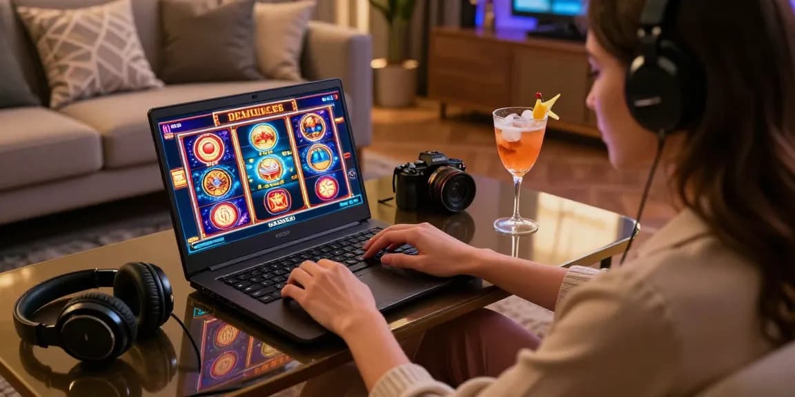 Pengguna LUXURY777 bermain slot online dengan perangkat modern di ruang mewah.