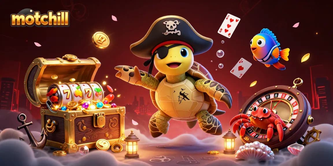 Engage with the vibrant motchill scene featuring a pirate turtle and treasures, perfect for immersive online gaming.
