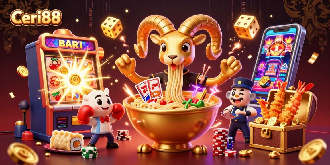 Ceri88 menang besar di kasino dengan ilustrasi 3D, slot mesin dan karakter unik.