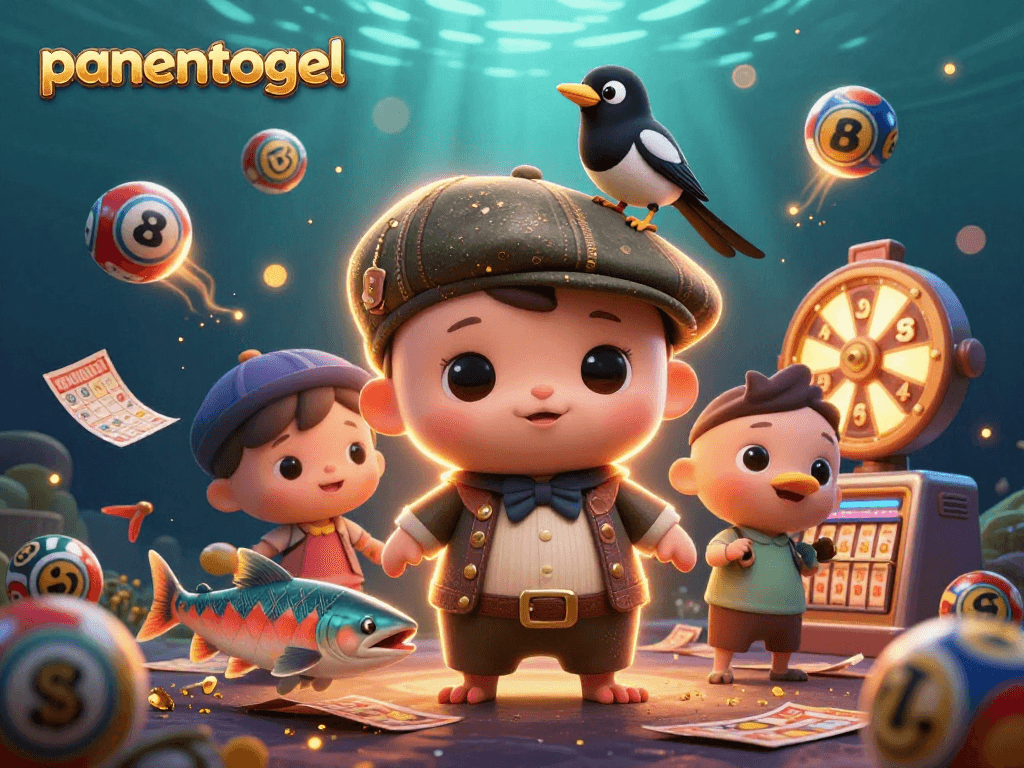 Playful scene showcasing panentogel characters with dynamic lottery elements and vibrant effects.