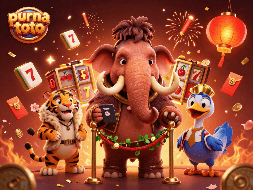 Gambarkan purna toto dengan karakter unik mammoth bouncer dan simbol jackpot yang bersinar.