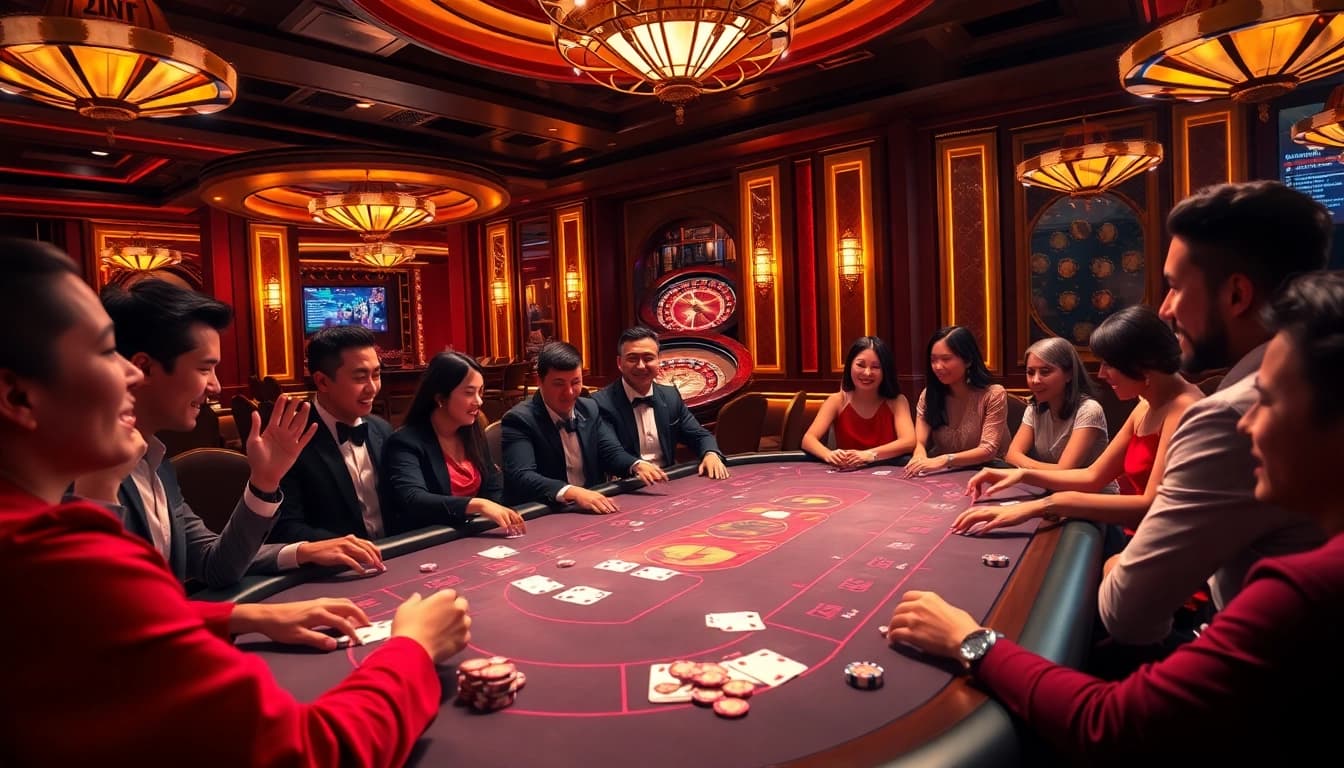 Players enjoying poker at nhà cái 789p in a luxurious casino setting, showcasing excitement and professionalism.
