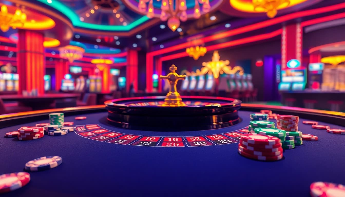 Tampilan kasino tkp188 dengan meja roulette yang menarik dan penuh chip berwarna.