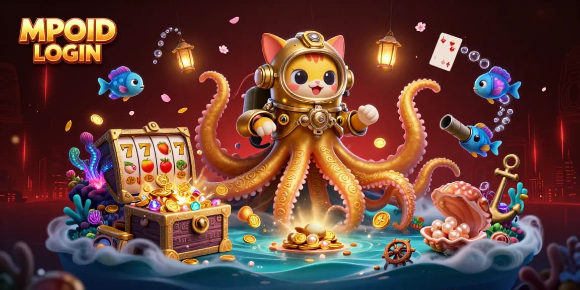 MPOID LOGIN reveals a vibrant casino scene with a colossal kraken and diving cat amidst gold coins, emphasizing thrilling gameplay.