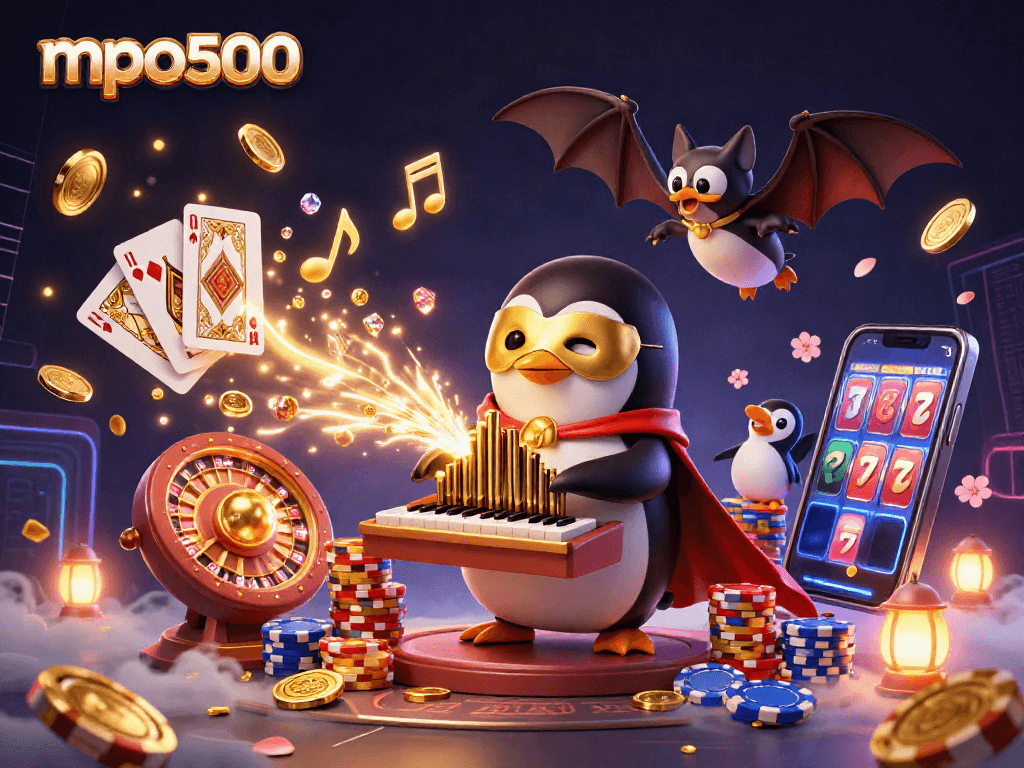 Menghadirkan tema mpo500, burung penguin opera dengan topeng emas, bermain organ yang meluncurkan koin keemasan.