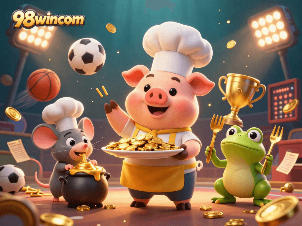 Engage in thrilling betting with 98wincom's vibrant illustration featuring gold coins and sports balls.