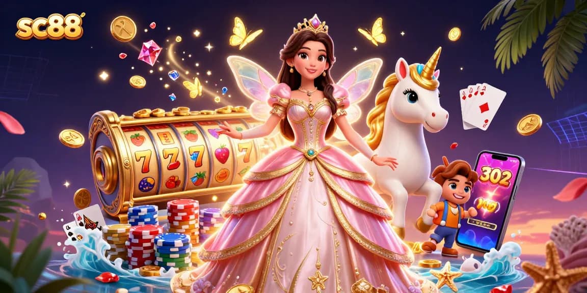 Experience the excitement at sc88 with a glamorous scene of animated casino elements and characters.