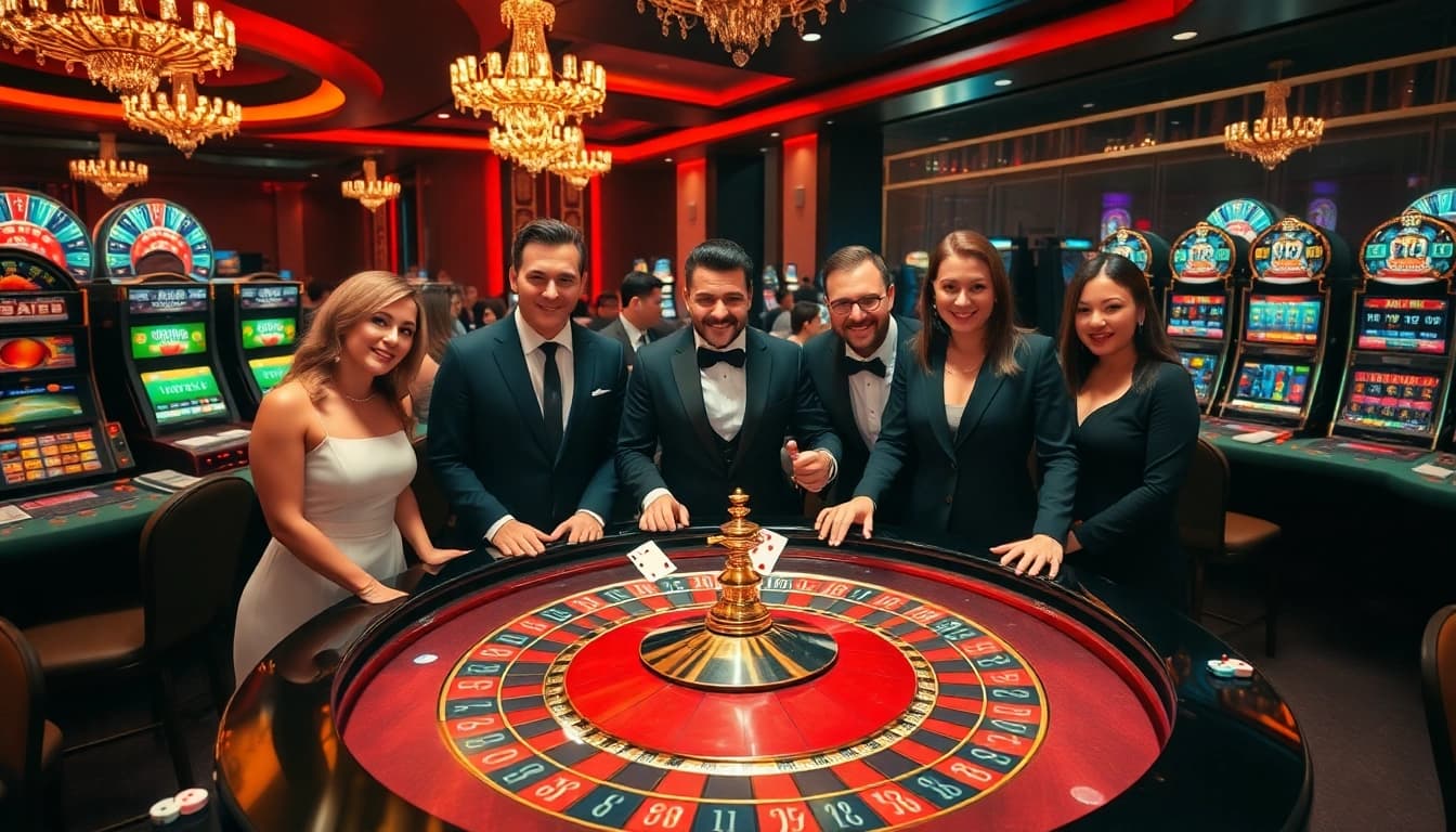 Exciting gaming atmosphere at gg88.com showcasing players enjoying roulette and slot machines.