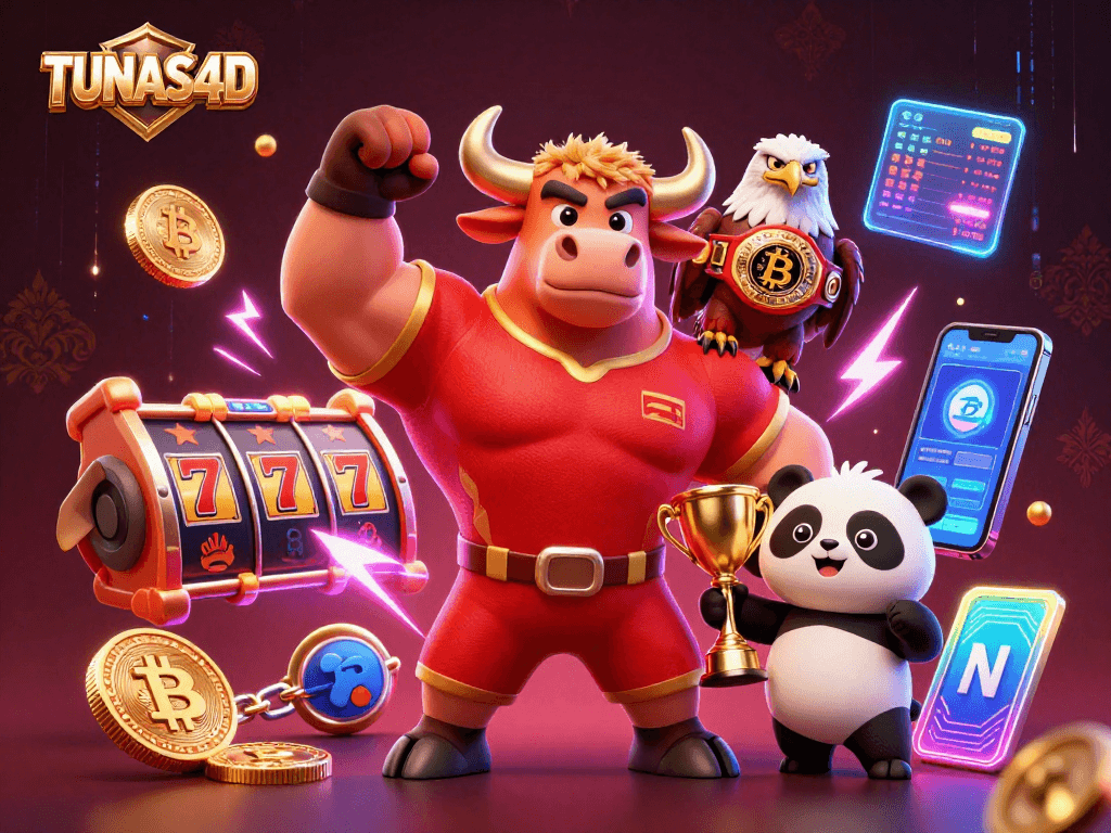 TUNAS4D showcases vibrant slot gaming with a muscular bull, eagle, and panda surrounded by crypto elements.
