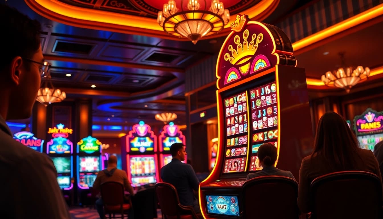 Jamu slot menarik di dalam kasino dengan pencahayaan yang cerah dan tampilan menyenangkan.