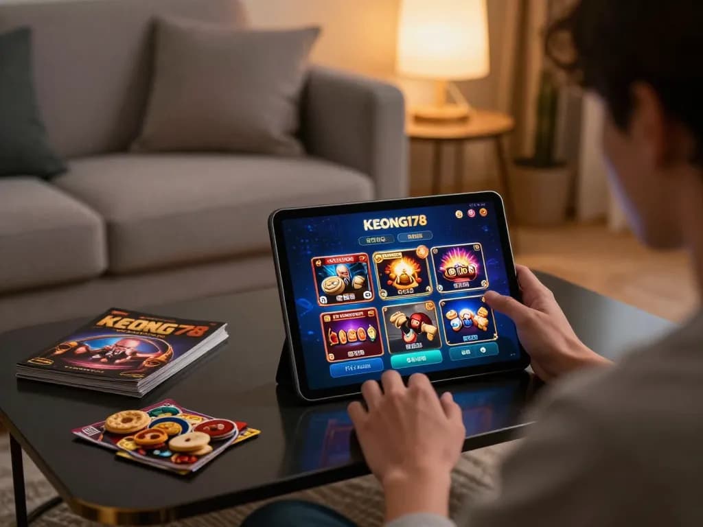 Player engaging with KEONG178 slots on a tablet in a cozy home setting, emphasizing responsible gaming.
