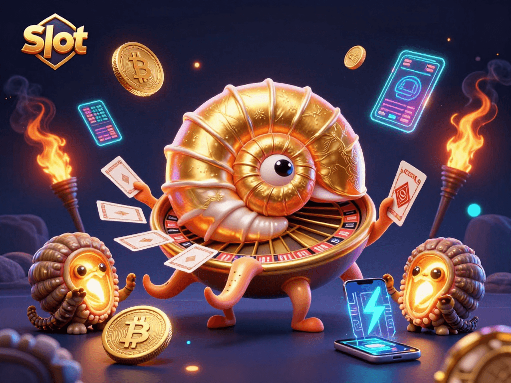 Engaging slot game illustration featuring a giant nautilus roulette wheel and vibrant crypto elements.